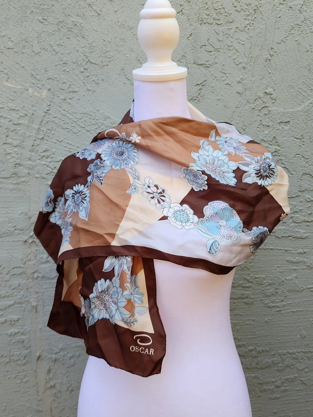 VTG Oscar de la Renta Silk Scarf Brown Blue Floral Paisley Hand Rolled Trim Lux